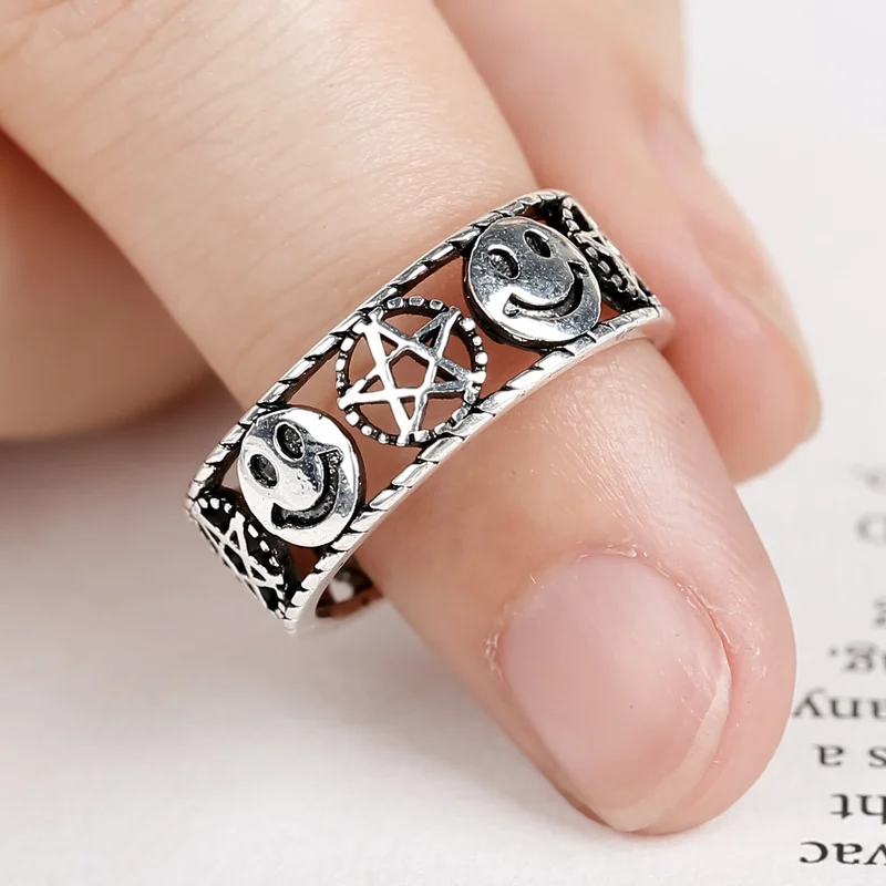 

Ofertas Retro Unisex Cartoon Smile Star Geometric Anicent Silver Color Opening Alloy Ring for Women Men Jewelry