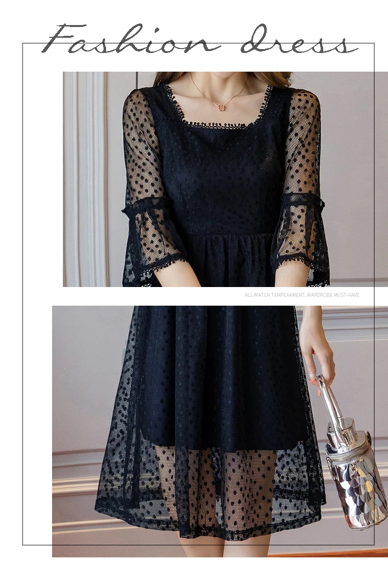 

Autumn Ladies Plus Size polka dot mesh Dress flare sleeve square collar pinched waist Elegant midi dress party Dress vestidos4XL