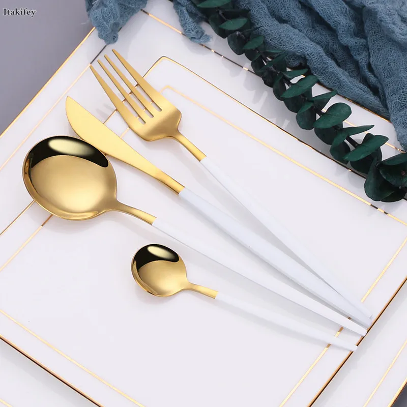 

Stainless Steel Cutlery Set Dinnerware White Gold Flatware Set Knife Fork Spoon Set Kitchen Tableware Silverware Dropshipping