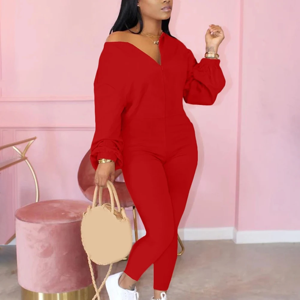 

Solid Zip Up Round Neck Long Sleeve Jumpsuit for Women Oblique Collar Casual Fashion Body Suit ALS88