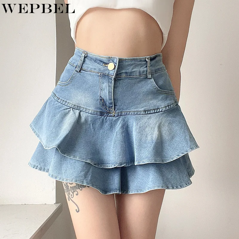 

WEPBEL Girl Denim Mini Skirts Women High Waist Ruffle Fishtail Jean Skirt Summer Sexy Pleated Skirt