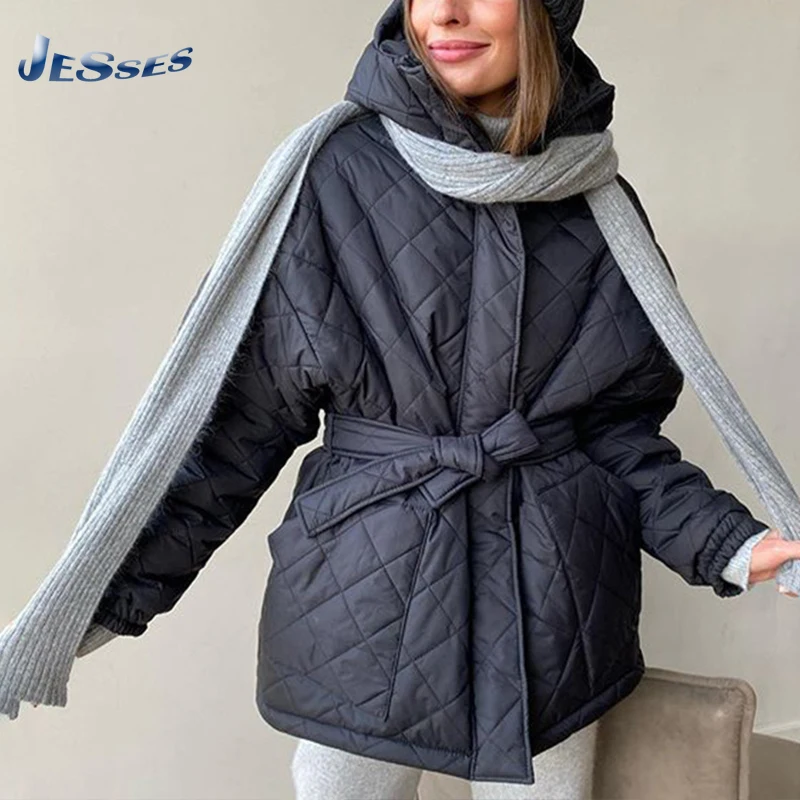 

Temperament Commuting Rhombus Line Mid-length Cotton Jacket 2021 Autumn and Winter Women's Loose Thin Waist Lace-up Jacket