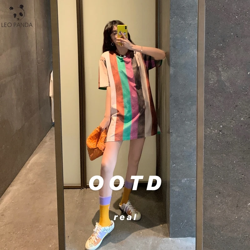 

Женская футболка с короткими рукавами, свободная футболка с радужными полосками в стиле Харадзюку, Корейская панк-футболка на лето 2020