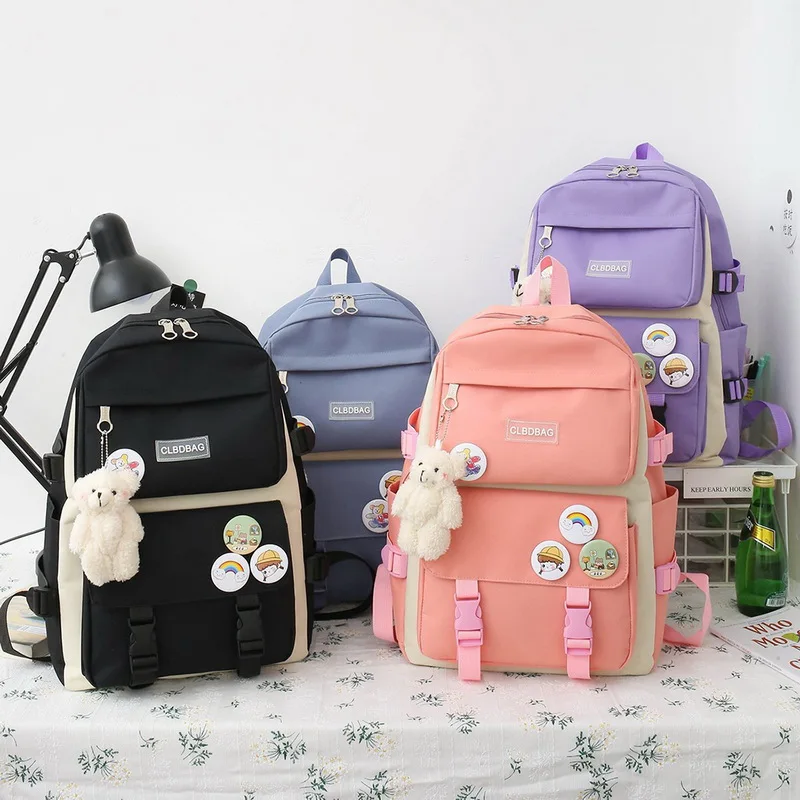 

4 Pcs Set Harajuku Women Laptop Backpack Canvas School Bags For Teenage Girls Kawaii College Student Kids Book Bag Rucksack 2021