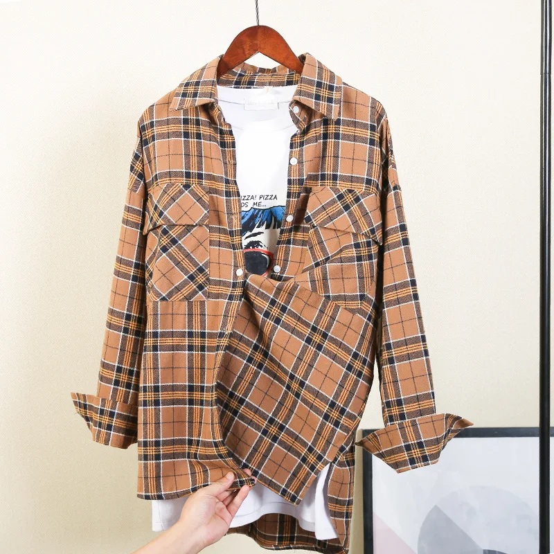 Женская Длинная блузка на пуговицах свободная в клетку с принтом одежда для