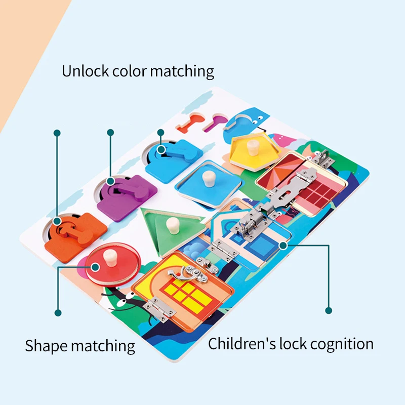 

Child Wooden Montessori Children Learn Open Lock Board Toys Shape Color Match Cognition Educational Learning Unlocking Game Gift