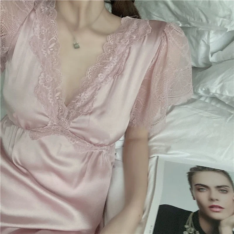 QWEEK Silk Dress Woman Sexy Sleepwear Summer 2021 Nightdress Vintage Lace Nightie Elegant Nightwear Long Nightgowns Pink Nighty