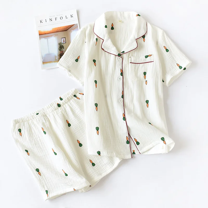 

пижама с шортами Women Summer Cotton Female Short-sleeve Homewear Suit Korean Style Sweet Loose Casual Turn-down Collar Pajamas