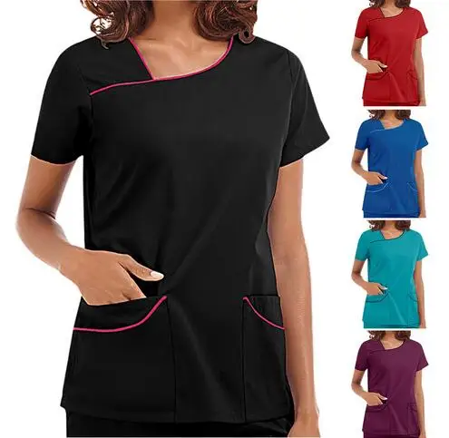 

2021 Women's Short Sleeve V-Neck Pocket Care Workers Tee Shirt Top Summer Workwear Tops Sexy Printed Nurse Uniform Clinic Blouse