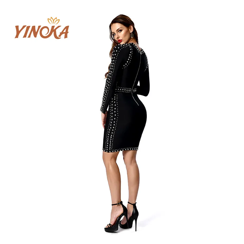 

Yinoka Bandage dress for women black long sleeve beading mini evening luxury formal bodycon dresses