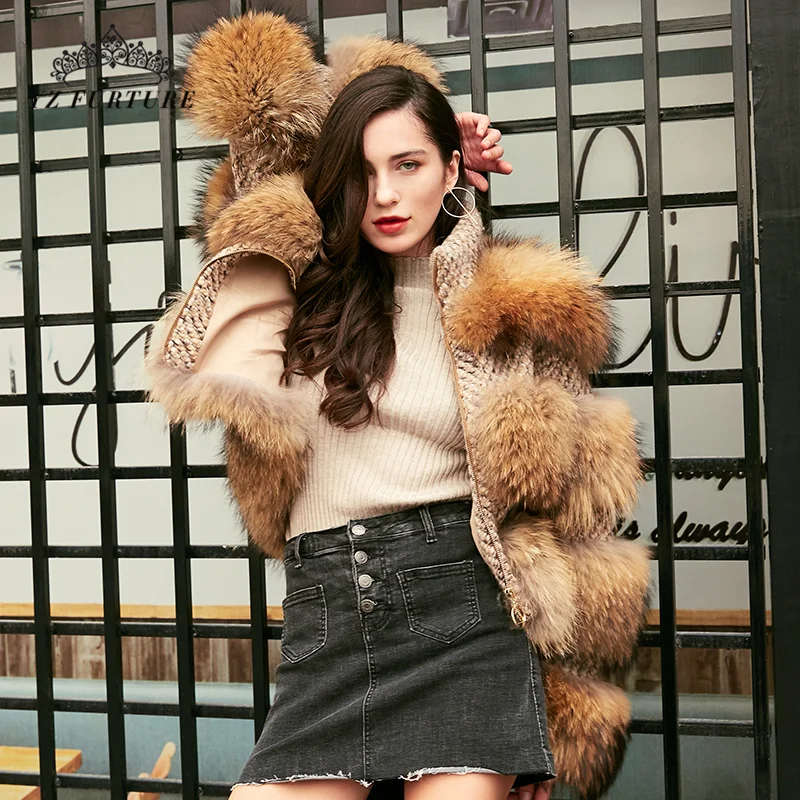 Женская меховая куртка оверсайз бомбер из натурального меха енота Корейская