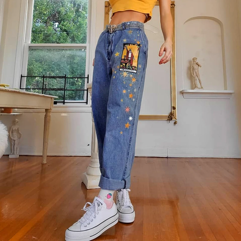 Женские джинсы со звездами и принтом Осень-зима 2022 джинсовые брюки с рисунками