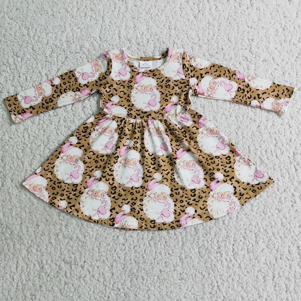 

RTS Baby Christmas Wear Clothes Kids Leopard Santa Dress Girls Long Sleeve Twirl Boutique Dress