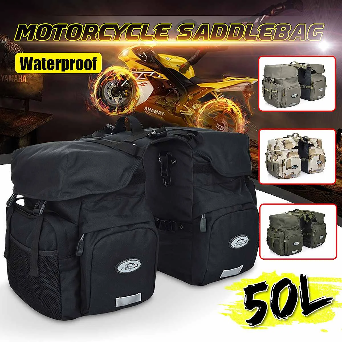

50L Large Capacity Motorcycle Saddlebags Canvas Waterproof Rear Side Seat Saddle Bag Motorbike Bicycle Back Pack Travel Carrier