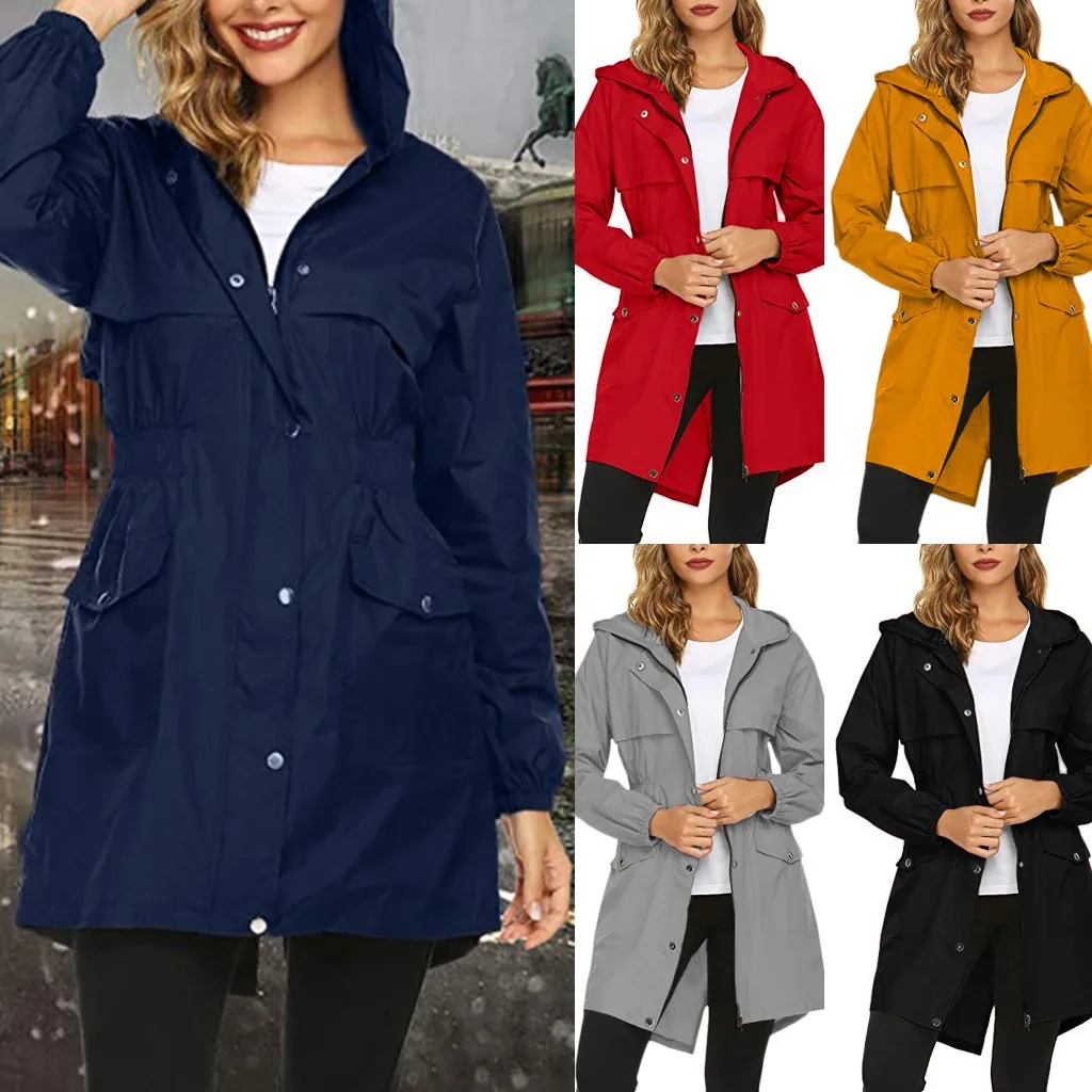 

Windbreaker Women Waterproof Jacket Hooded Long Coat with String Slim Fit Long Sleeve Warm Female Solid Color Outwear L0103