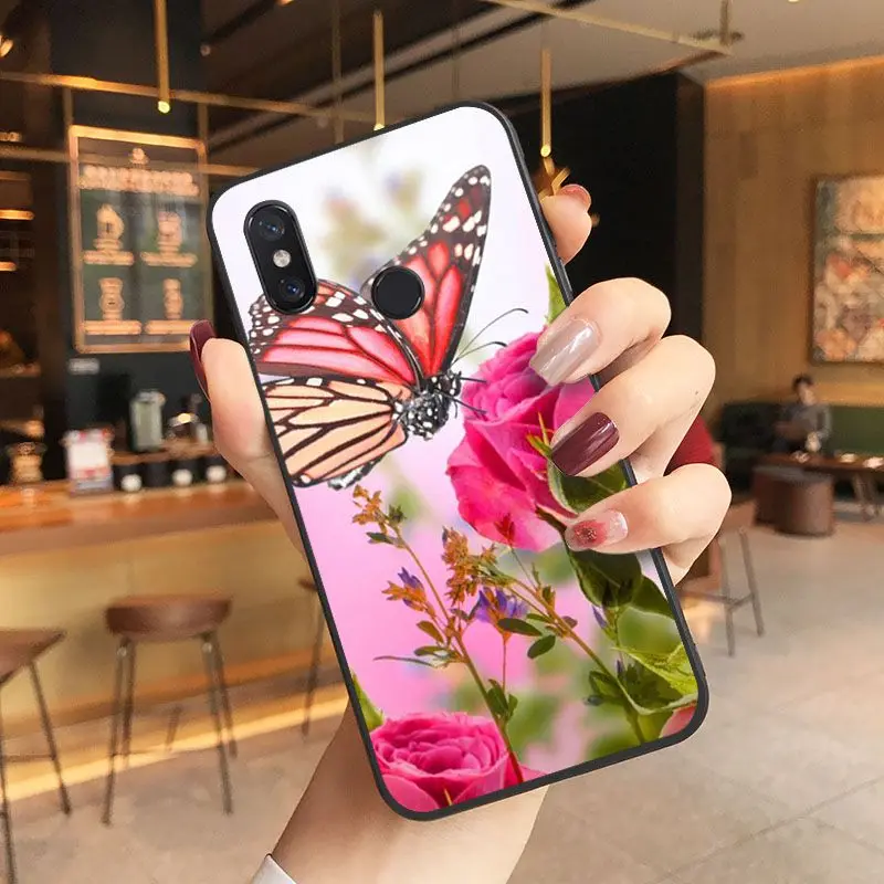Red butterfly on white roses flower Drawing Phone Case For Xiaomi Mi 6 6plus 8 8SE 9 9SE 6X Note2 Note3 Coque Shell Cover