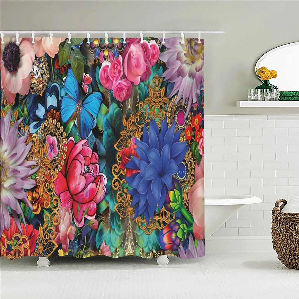 

Colorful Beautiful Blooming Flowers Fabric Shower Curtain Waterproof Bath Curtains 240X180 for Bathroom Decoration with Hooks