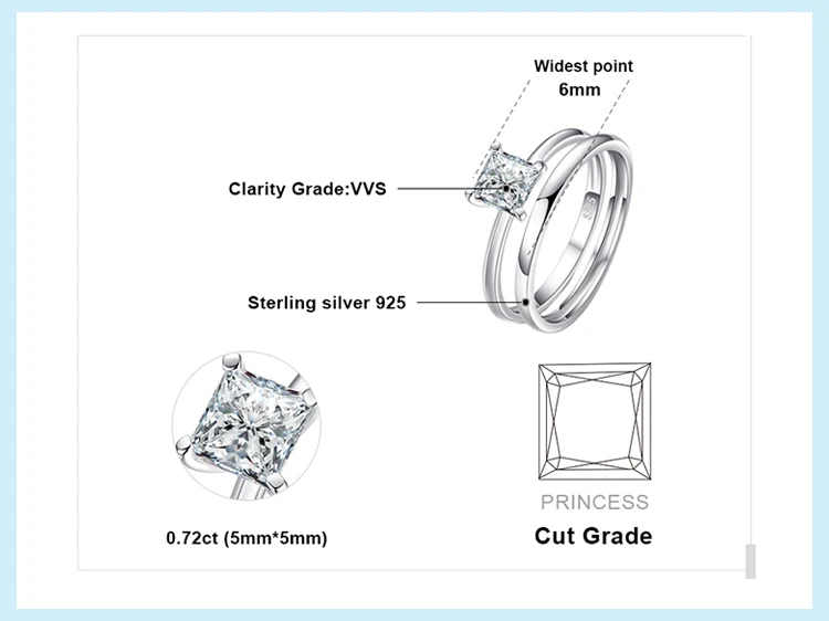 Jewelrypalace Принцесса Cut 0.6ct обручальное Solitaire Обручение кольцо Свадебные Наборы для ухода за кожей 925 стерлингового серебра для Для женщин