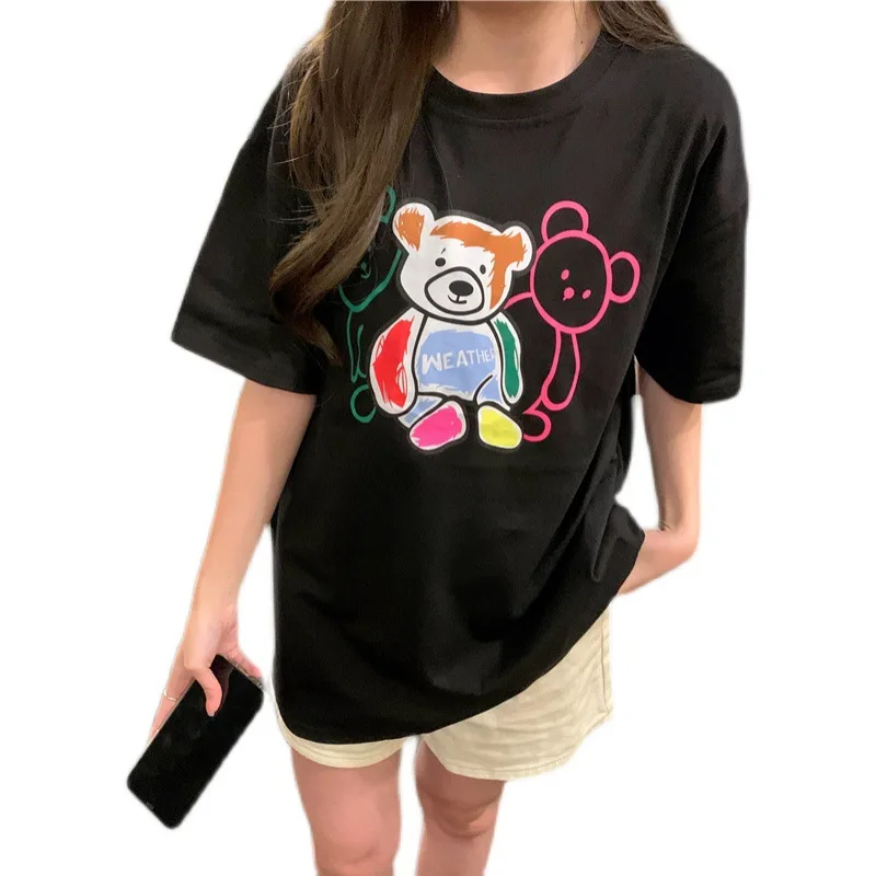 

2022 Summer Korean version of the long loose bear print short-sleeved t-shirt girl woman tshirts