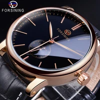forsining casual automatic mechanical watch mens sub dial black slim simple black genuine leather strap wristwatch montre homme