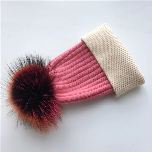 Pink 2-beige C Зимняя шапка, модная шапка с натуральным мехом, женские шапки с помпоном, кашемировый шерстяной вязаный берет, меховая шапка с помпоном, шапка с большим мехом енота - Цвет: Pink 2-beige C