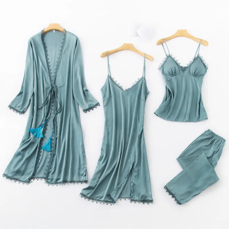 Женский пижамный комплект из 4 предметов пижама с v-образным вырезом и длинным