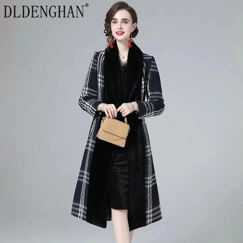 

DLDENGHAN Fashion Designer Autumn Winter Coat Women Turn-down Collar Long Sleeve Covered Button Casual Plaid Overcoat Outwear