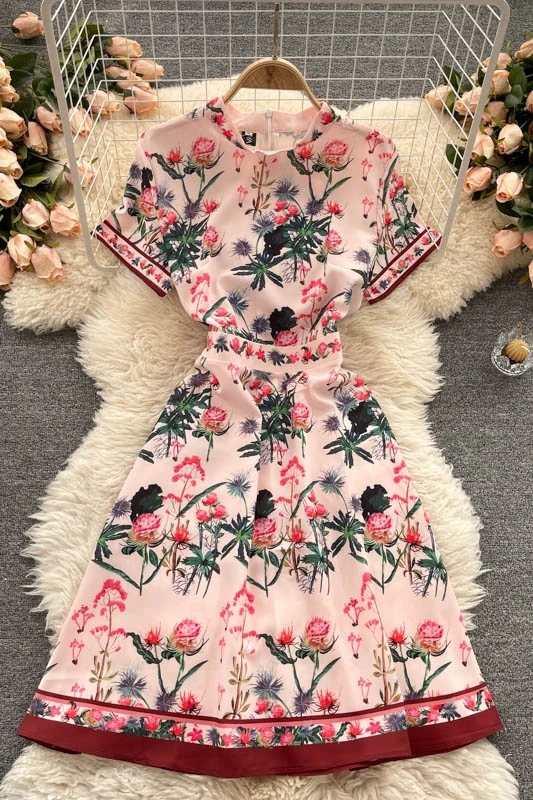 

High Quality 2021 Summer New Fashion Women Elegant Stand Collar Short Sleeve Empire Print Mini Party Dress Evening Dress J269