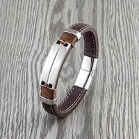 2021 new fashion punk style double row smooth multicolor stainless steel mens bracelet charm coffee color wide leather cord