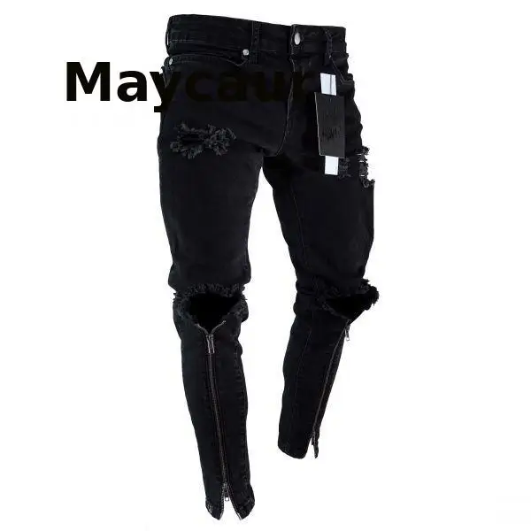 

Men Jeans Ripped Skinny Slim Hole Narrow Feet Men's Gray Trousers Zipper Cool Design Pencil Pants Casual Street Tretch Jeans