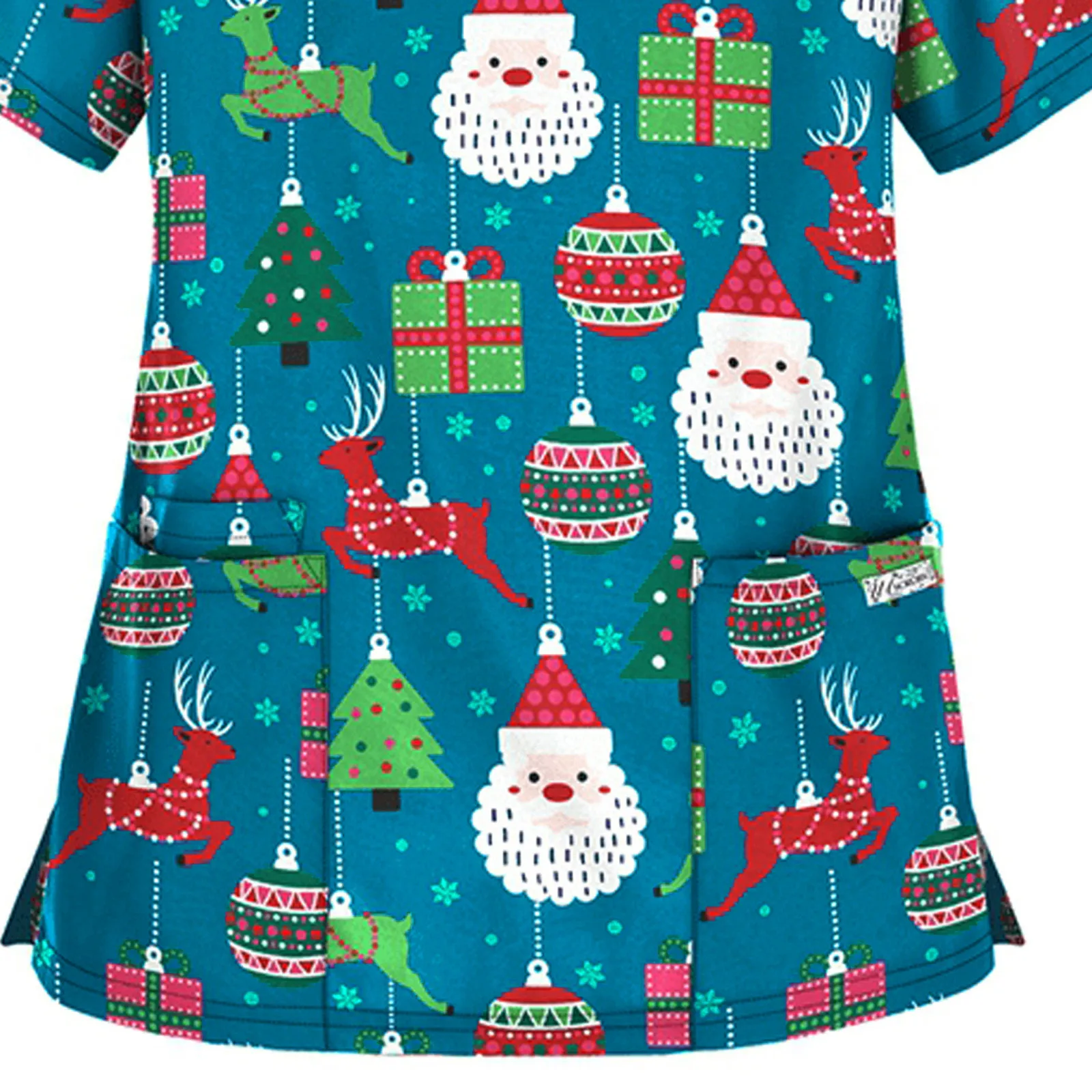 V-Neck Christmas Print Scrubs Tops Women Short Sleeve Uniforms Health Service Work Top Pet Grooming Beauty Salon Nurse Shirt A50