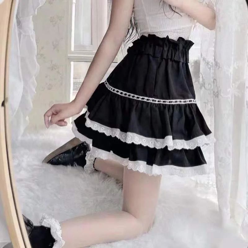 

Black Lace Lolita Goth Pleated Skirt Woman Gothic Punk Emo EGirl Mini Skirts Lolita Dark Aesthetic Fairy Grunge Alt Clothes