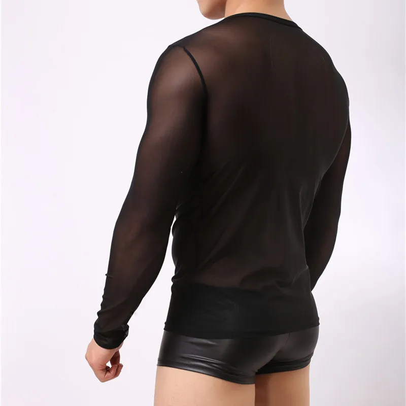 Mens Undershirts Mesh Underwear T-shirts Transparent Male Long Sleeve T-thirts Tops Slim Fitness Gym Bodybuilding Homewear