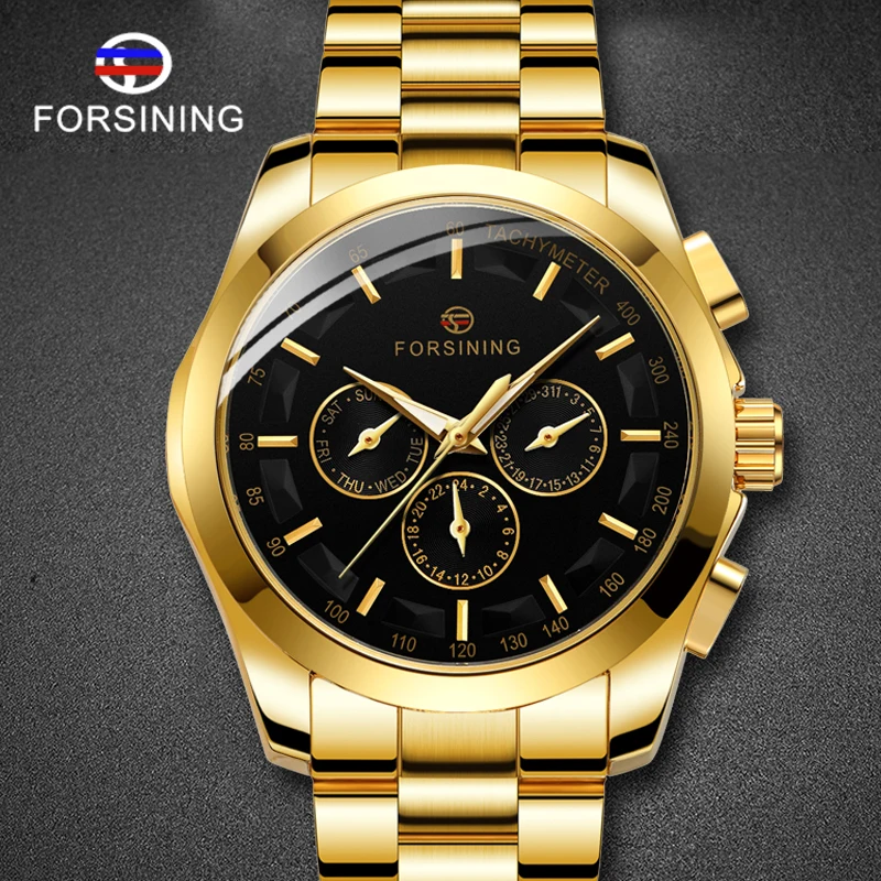 

FORSINING Golden Design Stainless Steel Luxury Male Wristwatch Automatic Mechanical Male Clock Business Men relogio masculino
