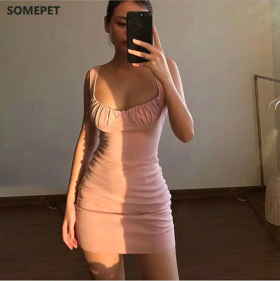 

Summer Sexy Dresses Bow knot pleated sling U-neck Backless Cross Bandage Bodycon Party Dress Pleated Stretch Short Club Dress