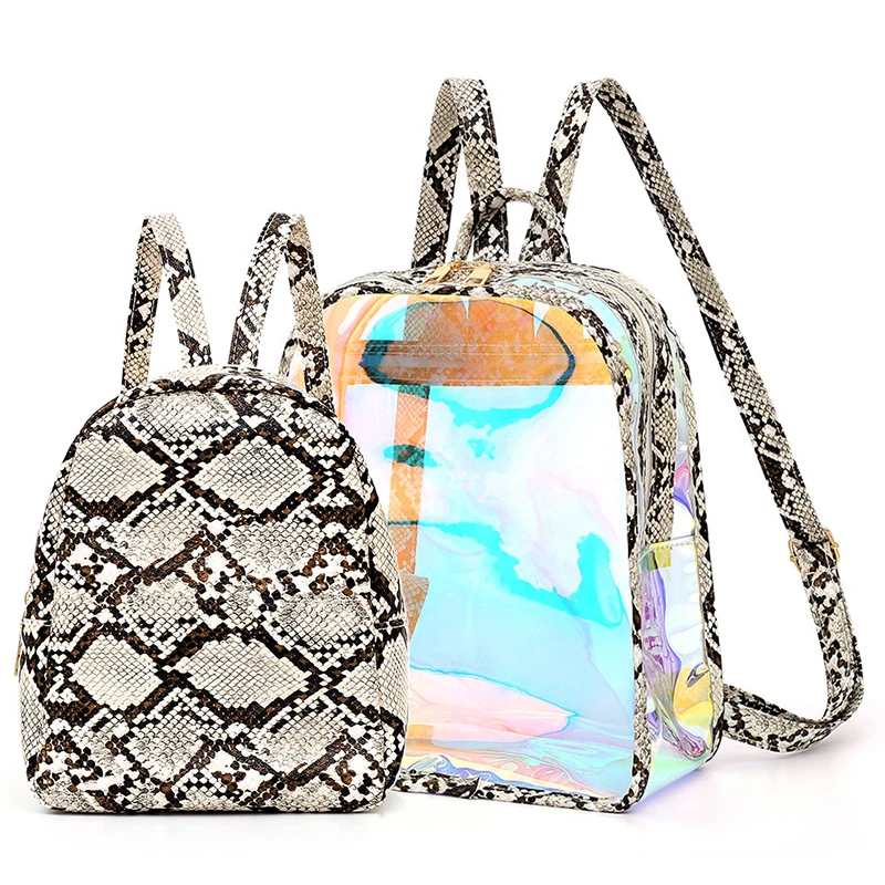 

2020 Women Laser Transparent Backpack Female Serpentine Holographic Shoulder Bags PVC Waterproof School Bag for Teenage girls