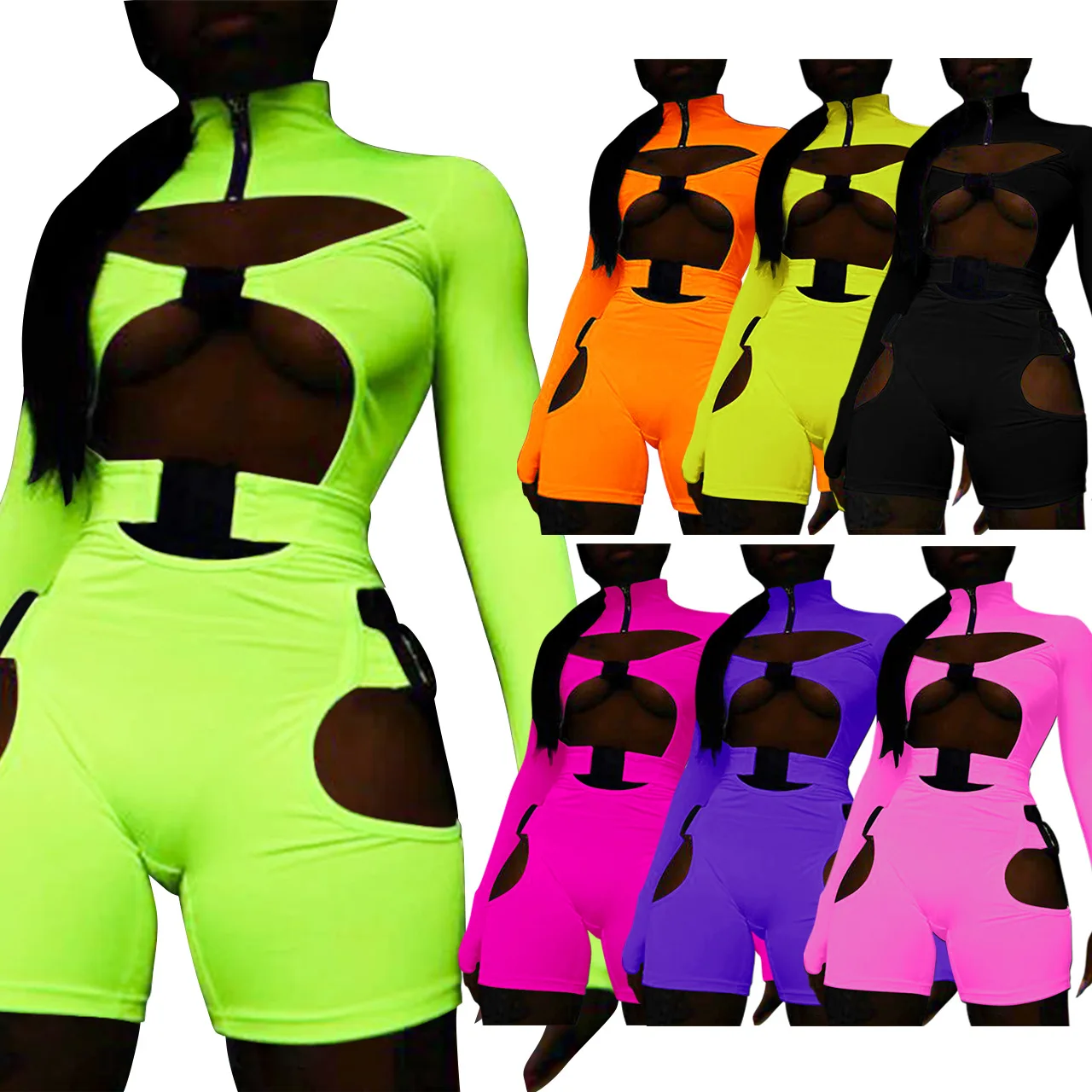 

Fluorescent Sexy Cut Out Jumpsuit with Buckles Autumn Long Sleeve Turtleneck Playsuit One Piece Night Club Jumpsuit Solid 2021