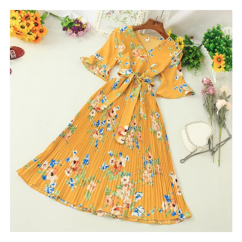 Boho 2020 V Neck Floral Print Summer Bandage Dress Midi Long Chiffon Party Women Casual Elegant Pleated Beach Holiday Dresses | Женская