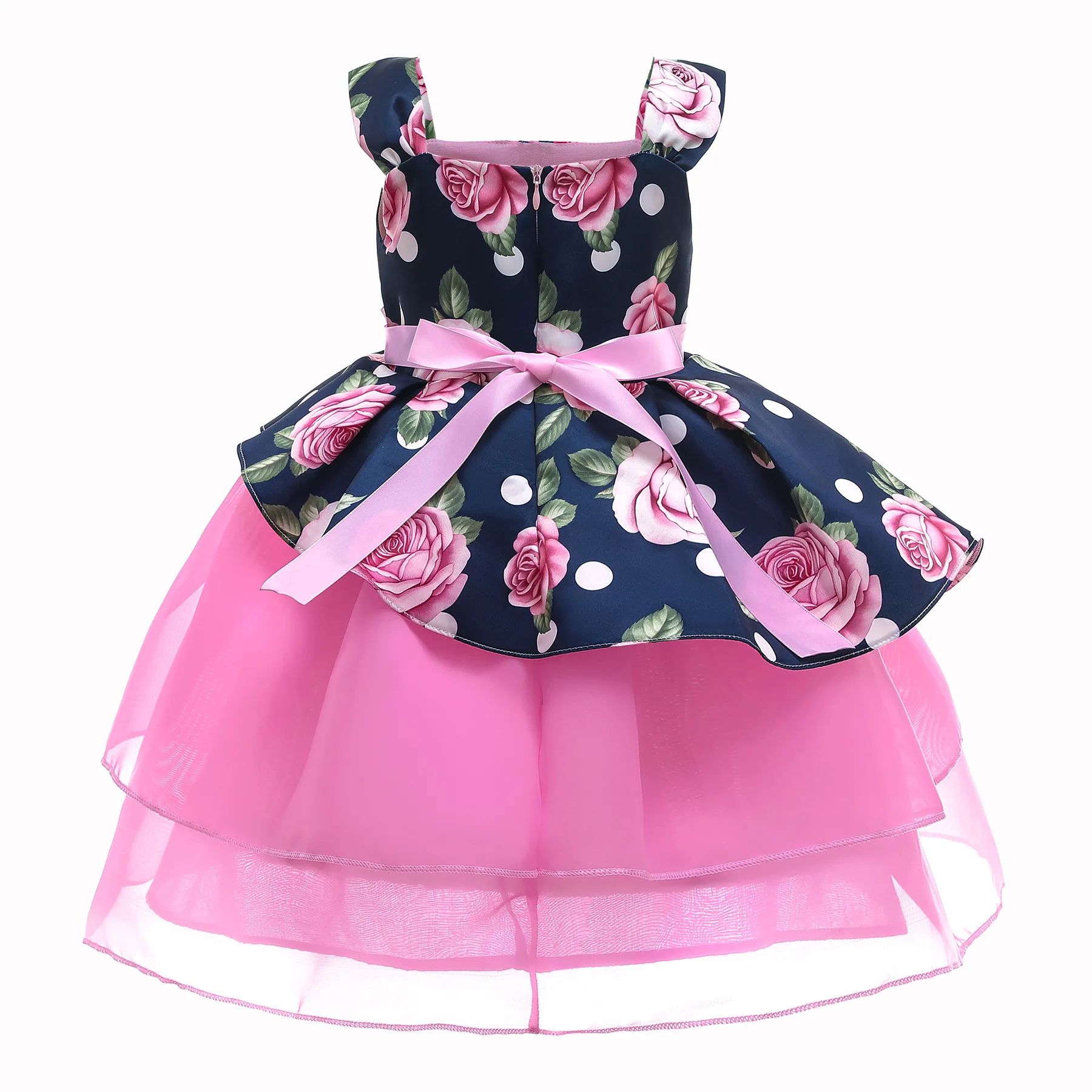 

Girl's O-Neck Sleeveless Flowers Print Layered Mesh Ball Gown Party Dresses Bowtie Decor with Belt Summer Dress