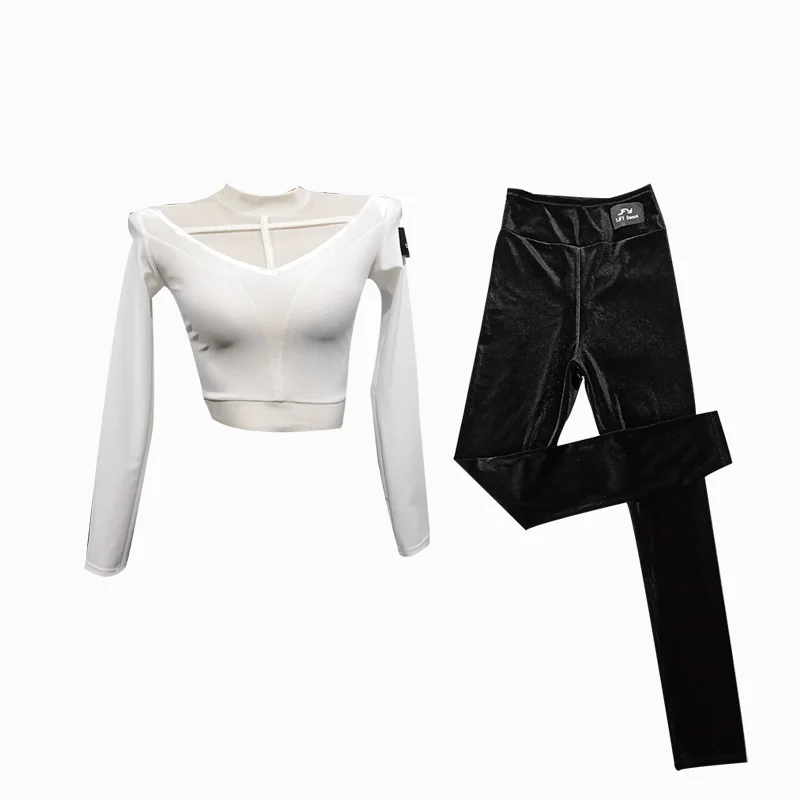 

Latin Dance Suit White Long-sleeve Top Stretch Elastic Leg Pants Training Suit Fit Latina Tango Dress Women