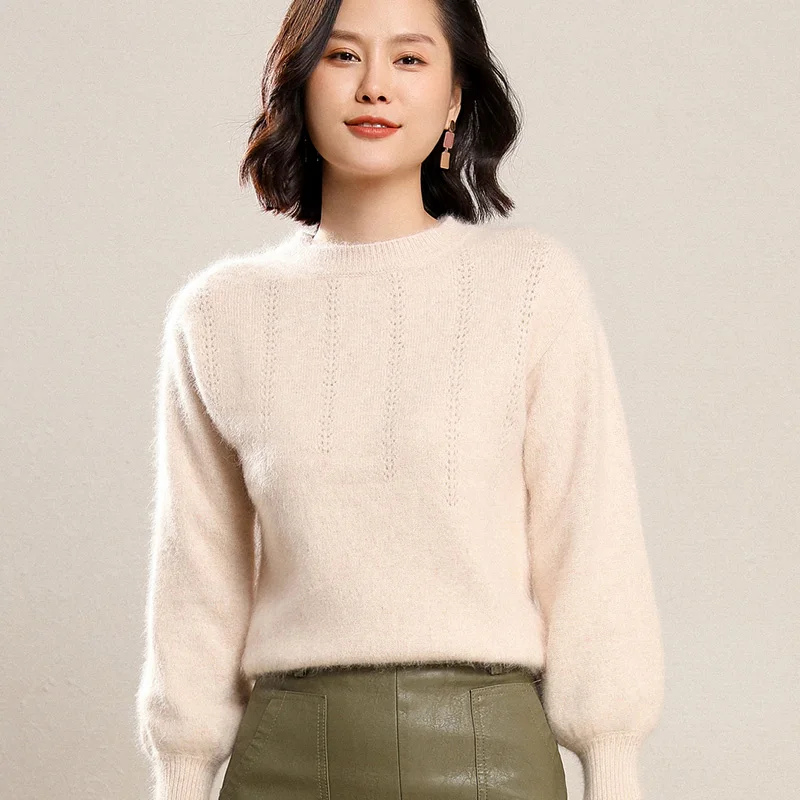 Женский свитер из норковой шерсти пуловер с круглым вырезом свободные рукавами в