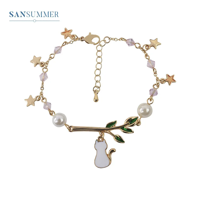 Sansummer новинка 2019 хит модный жемчужный звезда милый белый кот ВЕТОЧКА характер для