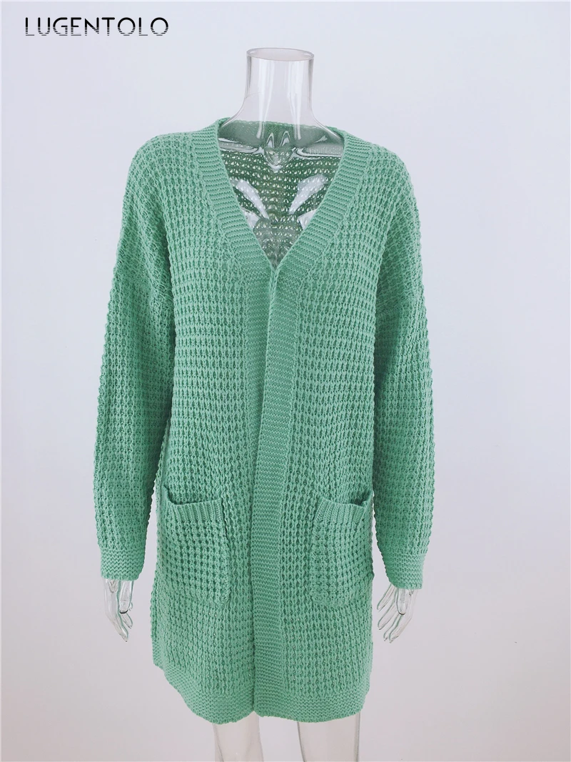 

Lugentolo Autumn Winter Women Knitted Sweater Cardigan New OL Loose Plus Size 12 Colors Pocket Lady Casual Long Sweaters