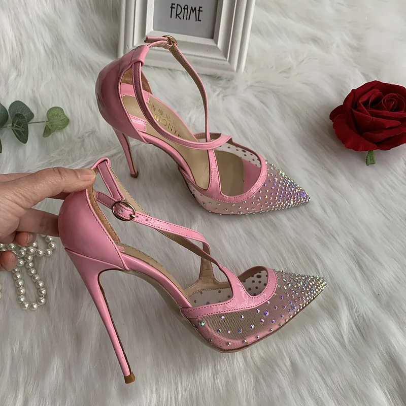 2020 new hot sale baby pink patent with crystal stone mesh gauze cross ankle straps girl lady women 120mm high heel summer shoes | Обувь