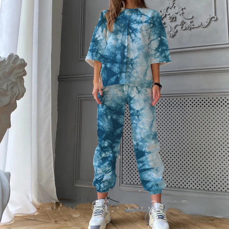 

Women Jogging Suit Tracksuit Two Piece Tie-dye Printed Lounge Wear Set Long Sleeve Tops and Trousers Print Casual Sweatsuit