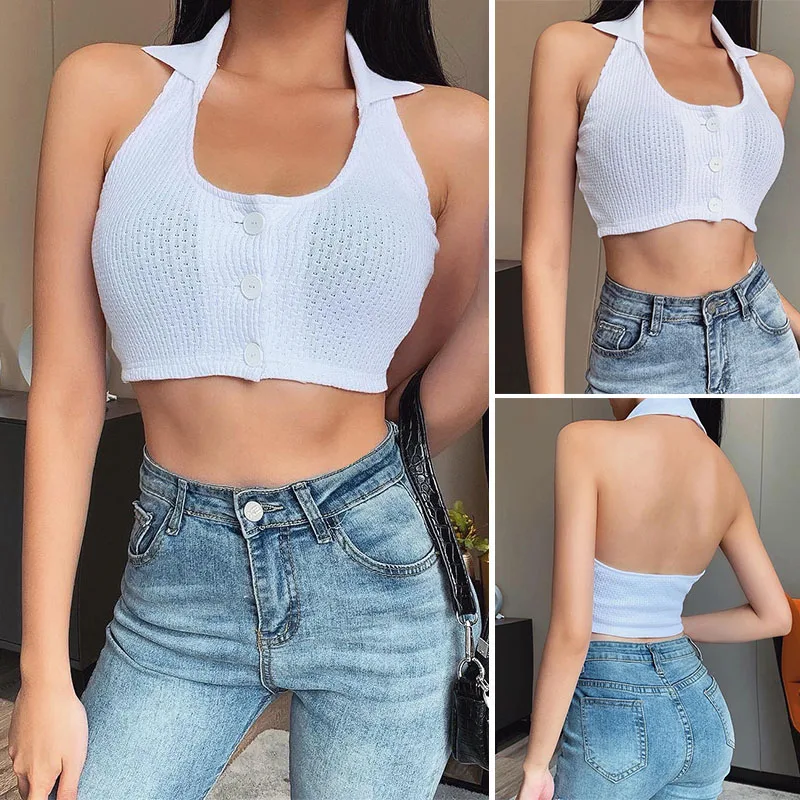 

Women's Summer New Backless Sleeveless Vest Button Exposed Navel Cardigan Top