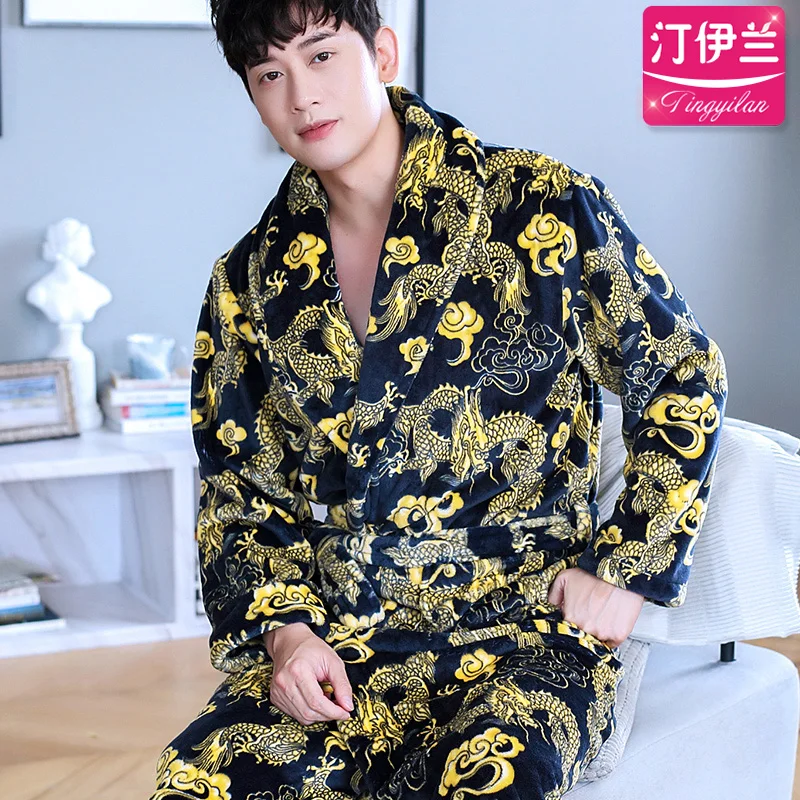 

Men Winter Warm Flannel Robe Nightwear Thick Kimono Bathrobe Male Printed Flowers Sleepwear Home Soft Coral Fleece Dressing Gown