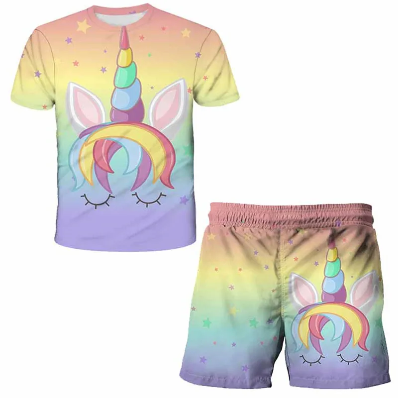 

children Clothes 2020 Summer Style Boys Baby Girls Clothing Sets Cartoon Unicorn T-shirt Short for Kids Clothes 4-14 Y Children