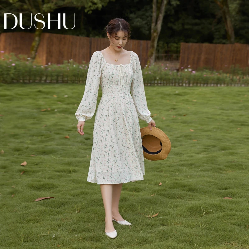 

DUSHU Office Lady Loose Retro Square Neck Dress Women Long Sleeve Early Autumn 2021 New Thin French Dress Women Dress