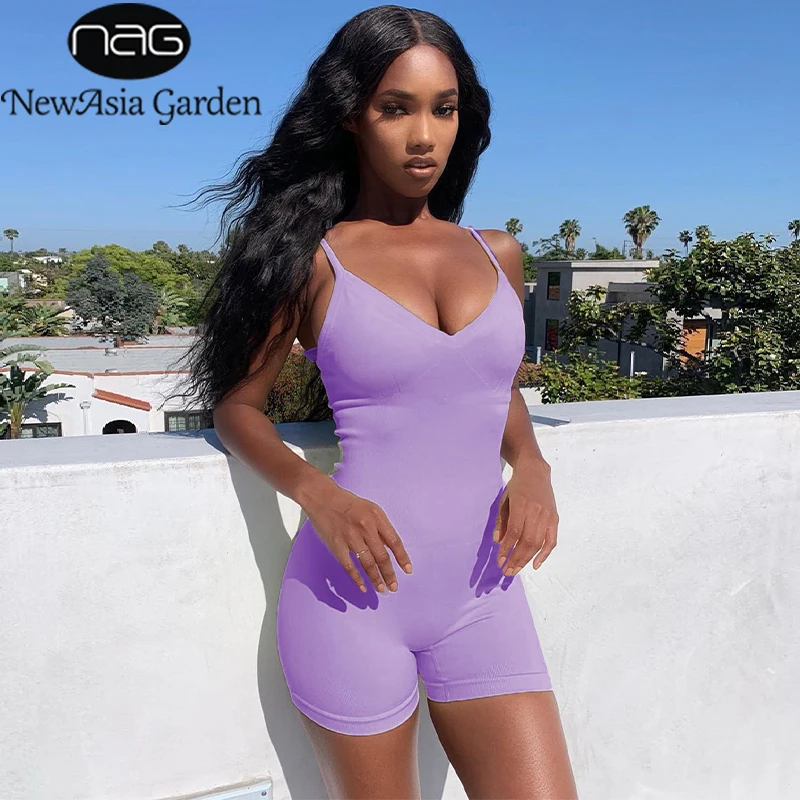 

NewAsia Ribbed Sexy Playsuit Women Purple Sleeveless Bodycon Romper Spaghetti Strap Playsuits Short Jumpsuits Femme Clothes 2020